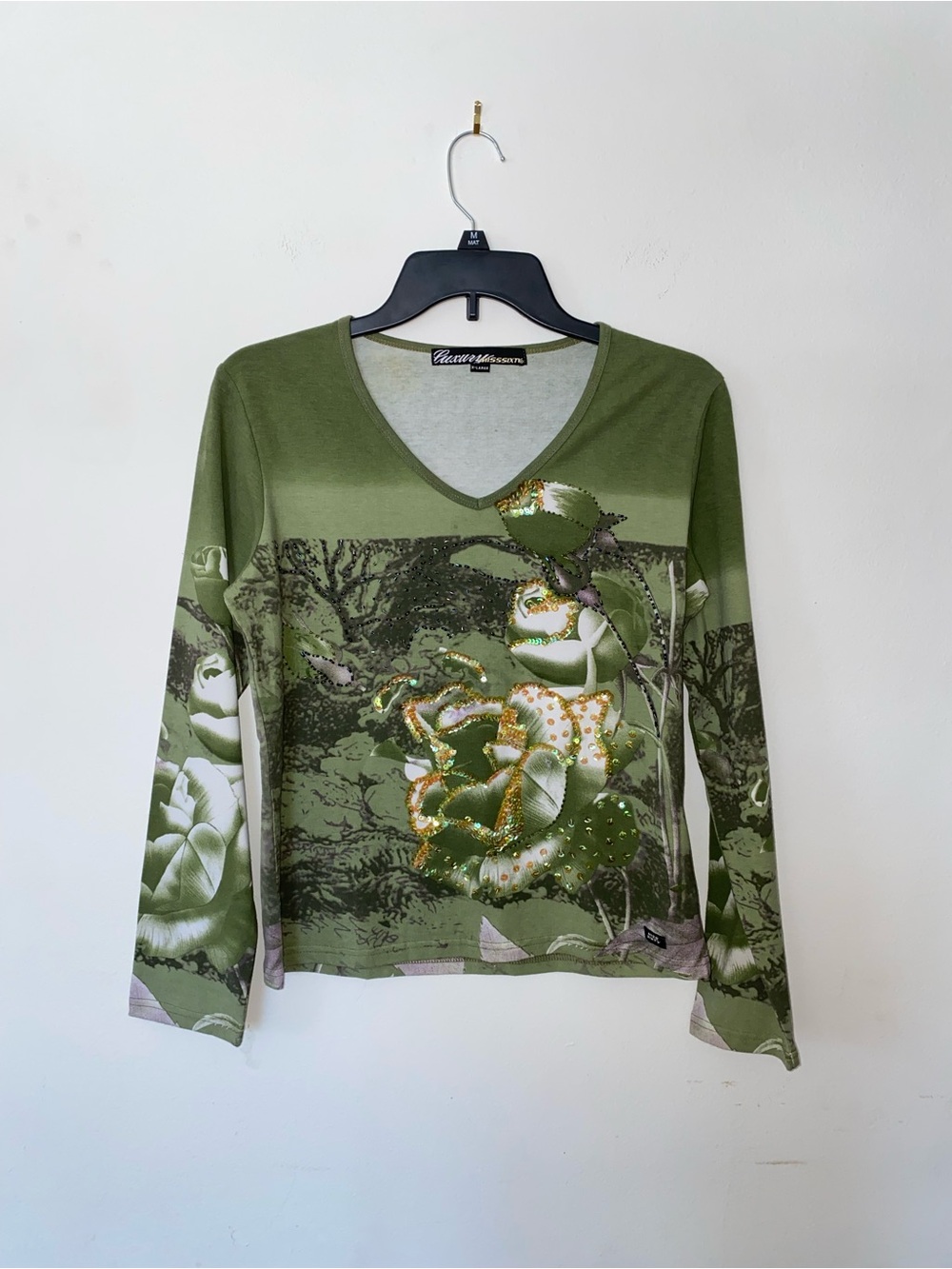 Olive Green V-Neck Floral Long Sleeve Top